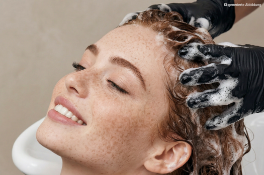 Frau mit geschlossenen Augen und leichtem Lächeln im Friseursalon beim Haarewaschen mit schäumendem Shampoo