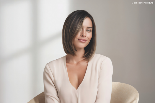Frau mit gesträhntem, braunem Haar mit schulterlangem Long Bob Haarschnitt und cremefarbenem Pullover sitzt auf einem hellen Stuhl und lächelt leicht. KI generierte Person